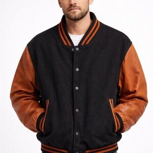 Vintage Golden Bear Men's Blue and Brown leather Varsity Jacket